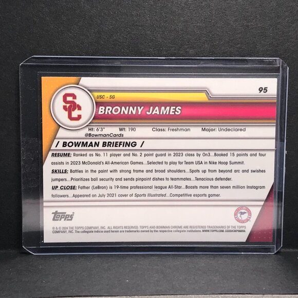 2023-24 Bowman University U Chrome Basketball #95 RC Bronny James 1st Base USC - Picture 2 of 2